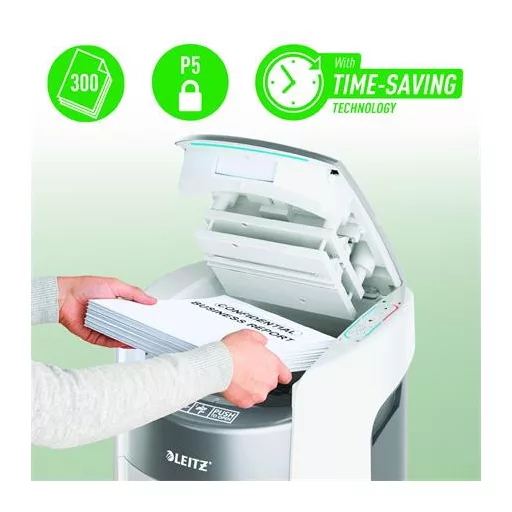 Iratmegsemmisítő, mikrokonfetti, 300 lap, LEITZ "IQ OptiMax Autofeed Office 300 P5"