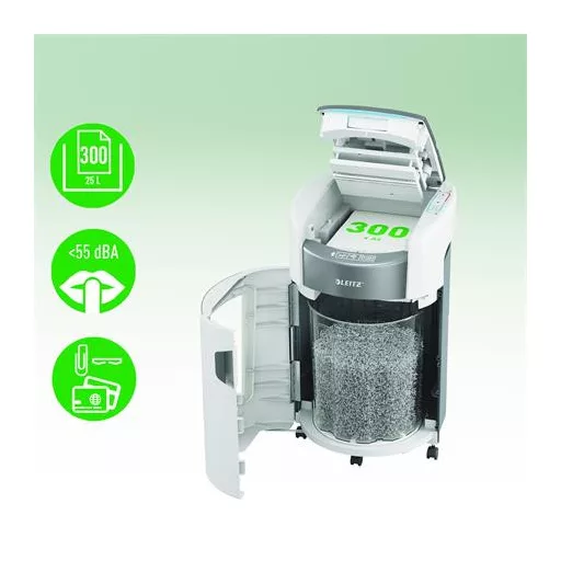 Iratmegsemmisítő, mikrokonfetti, 300 lap, LEITZ "IQ OptiMax Autofeed Office 300 P5"
