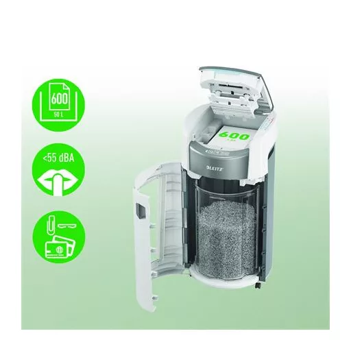 Iratmegsemmisítő, konfetti, 600 lap, LEITZ "IQ OptiMax Autofeed Office Pro 600 P4"