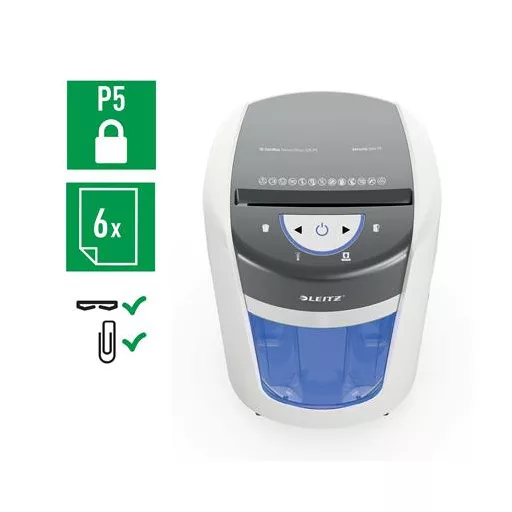 Iratmegsemmisítő, mikrokonfetti, 6 lap, LEITZ "IQ OptiMax Home Office 225 P5"