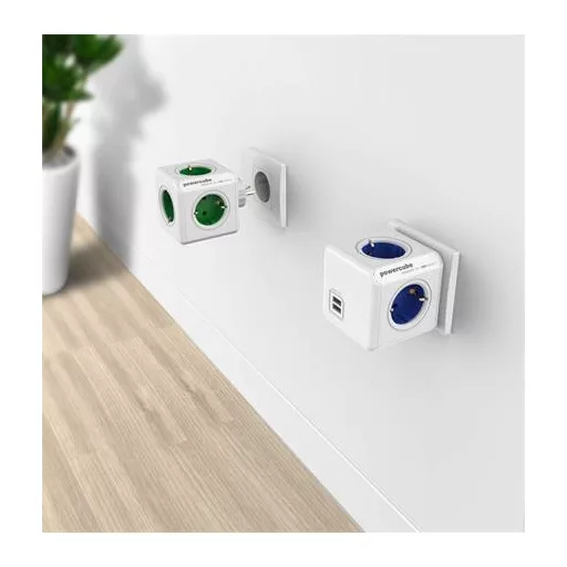 Elosztó, 5 aljzat, ALLOCACOC "PowerCube Original DE", fehér-kék