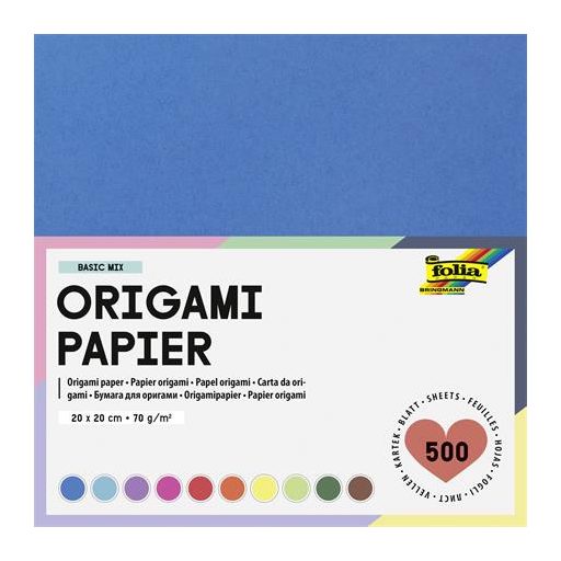 Origami papír, 20x20 cm, 70 g, 500 lap, FOLIA, vegyes színek