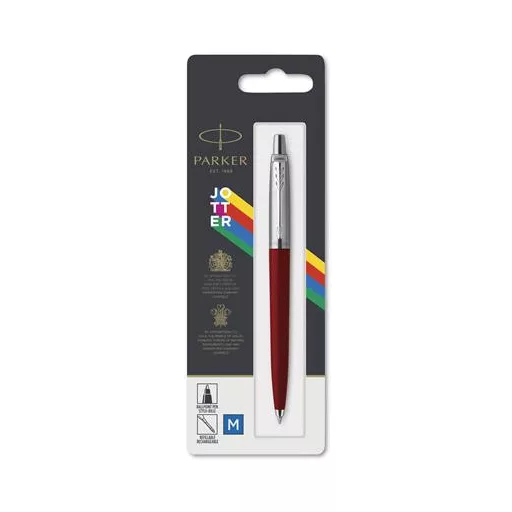 Golyóstoll, 0,7 mm, ezüst színű klip, piros tolltest, PARKER "Royal Jotter Originals", kék
