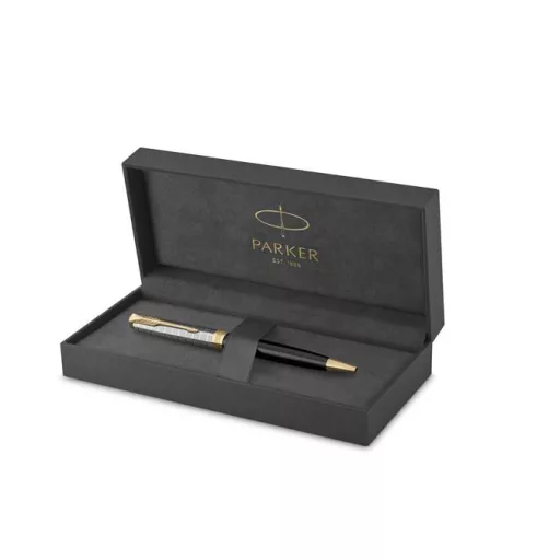 Golyóstoll, 1 mm, metál fekete tolltest, arany klip, PARKER "Royal Sonnet Premium", fekete