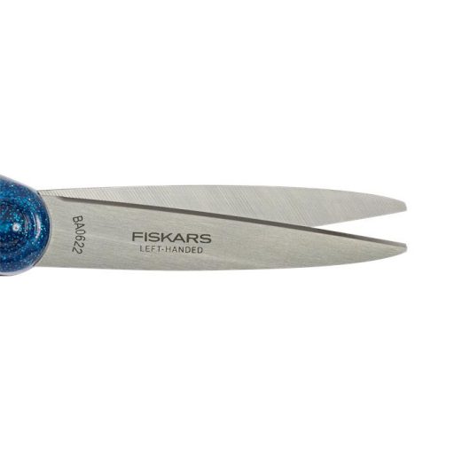 Olló, iskolai, 18 cm, balkezes, FISKARS, csillámos kék