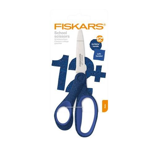 Olló, iskolai, 18 cm, balkezes, FISKARS, csillámos kék
