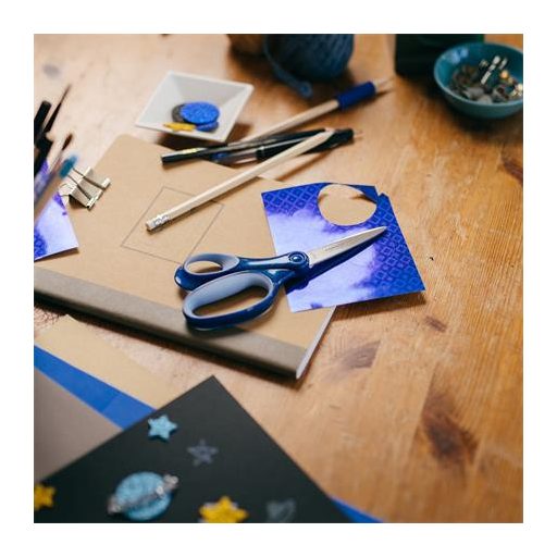 Olló, iskolai, 18 cm, balkezes, FISKARS, csillámos kék