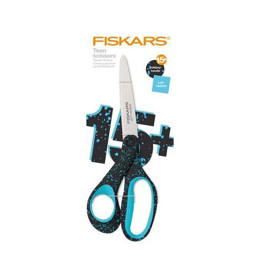 Olló, ifjúsági, 20 cm, balkezes, FISKARS, foltos pávakék