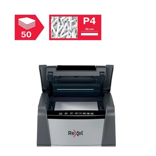 Iratmegsemmisítő, konfetti, 50 lap, REXEL, "Optimum AutoFeed+ 50X"