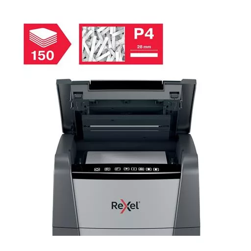 Iratmegsemmisítő, konfetti, 150 lap, REXEL, "Optimum AutoFeed+ 150X"