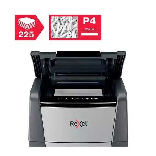 Iratmegsemmisítő, konfetti, 225 lap, REXEL, "Optimum AutoFeed+ 225X"