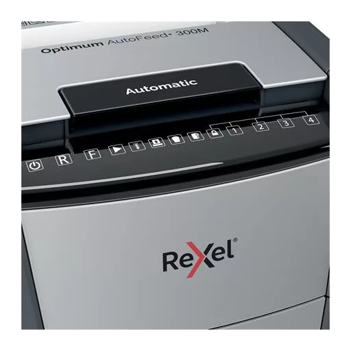 Iratmegsemmisítő, mikrokonfetti, 300 lap, REXEL, "Optimum AutoFeed+ 300M"