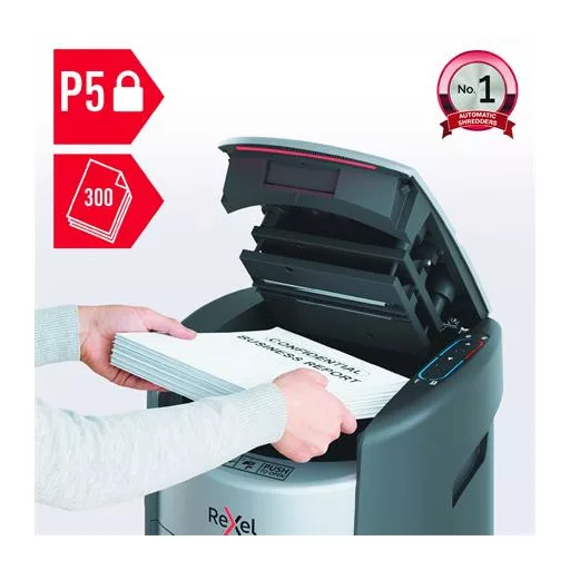 Iratmegsemmisítő, mikrokonfetti, 300 lap, REXEL "ShredMax AutoFeed+ 300M P5"