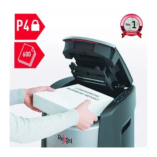 Iratmegsemmisítő, konfetti, 600 lap, REXEL "ShredMax AutoFeed+ 600X P4"