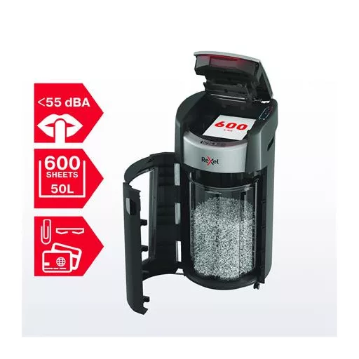 Iratmegsemmisítő, konfetti, 600 lap, REXEL "ShredMax AutoFeed+ 600X P4"