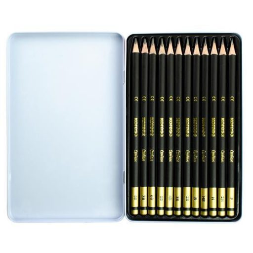 Grafitceruza készlet, fém doboz, háromszögletű, KORES "GRAFITOS", 12 különböző keménység