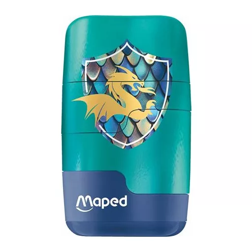 Hegyező és radír, kétlyukú, tartályos, pótradírral, MAPED "Connect Dragon", sárkány