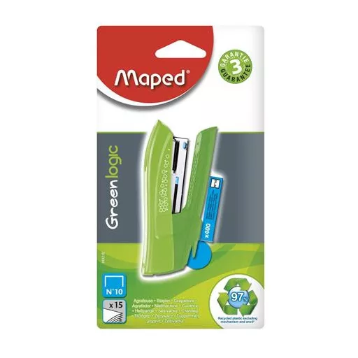 Tűzőgép, No. 10, 15 lap, MAPED "Greenlogic Pocket", vegyes színek