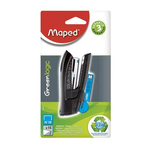 Tűzőgép, No. 10, 15 lap, MAPED "Greenlogic Pocket", vegyes színek