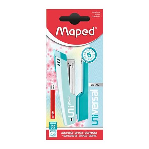 Tűzőgép, 24/6, 26/6, 25 lap, MAPED "Universal Metal Half-Strip Pastel", pasztell türkiz