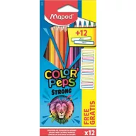  Színes ceruza készlet, háromszögletű, MAPED, "Color'Peps Strong" 12 különböző szín + 12 ajándék matrica