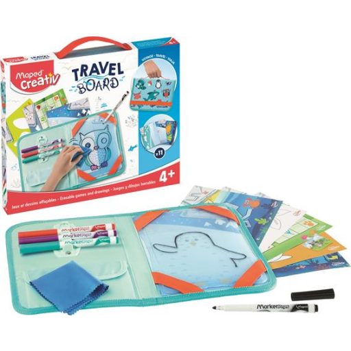 Kreatív készségfejlesztő tábla, átlátszó, törölhető, utazótáskával, MAPED CREATIV, "Travel Board", állati móka