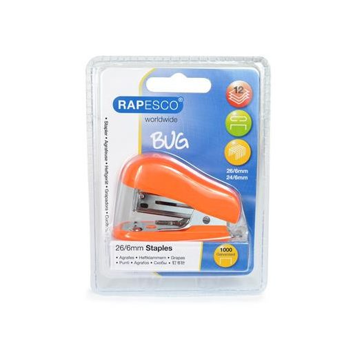 Tűzőgép, 24/6, 26/6, 12 lap, RAPESCO "Bug Mini", narancs