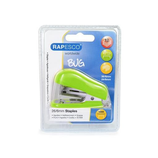 Tűzőgép, 24/6, 26/6, 12 lap, RAPESCO "Bug Mini", zöld