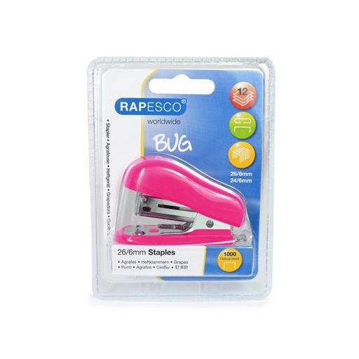 Tűzőgép, 24/6, 26/6, 12 lap, RAPESCO "Bug Mini", pink