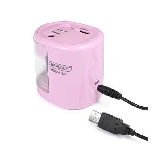 Hegyező, kétlyukú, asztali, elemes, USB töltővel, RAPESCO"PS12-USB", világos rózsaszín