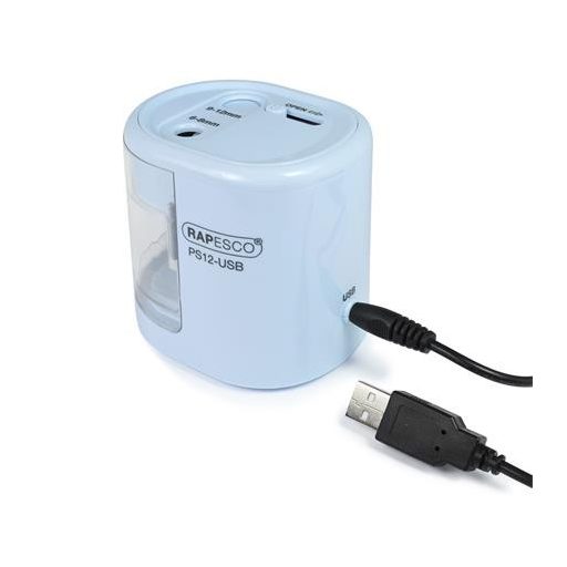 Hegyező, kétlyukú, asztali, elemes, USB töltővel, RAPESCO"PS12-USB", világoskék