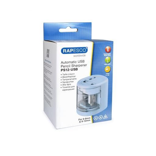 Hegyező, kétlyukú, asztali, elemes, USB töltővel, RAPESCO"PS12-USB", világoskék