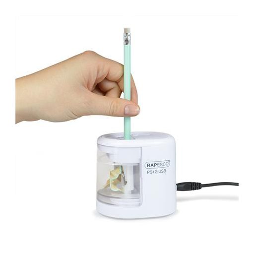 Hegyező, kétlyukú, asztali, elemes, USB töltővel, RAPESCO"PS12-USB", fehér