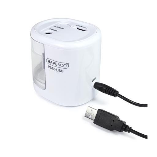 Hegyező, kétlyukú, asztali, elemes, USB töltővel, RAPESCO"PS12-USB", fehér