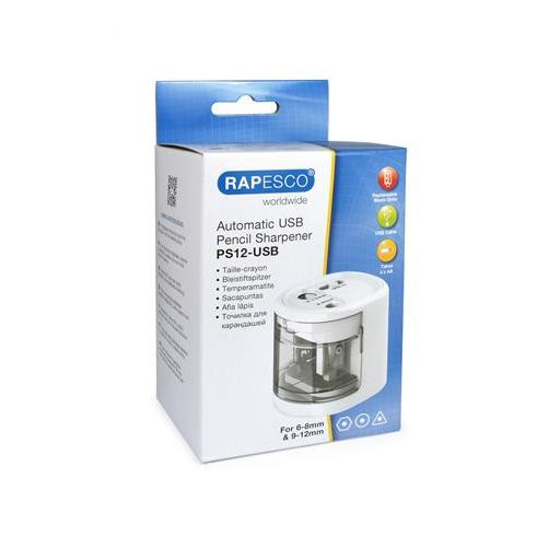 Hegyező, kétlyukú, asztali, elemes, USB töltővel, RAPESCO"PS12-USB", fehér