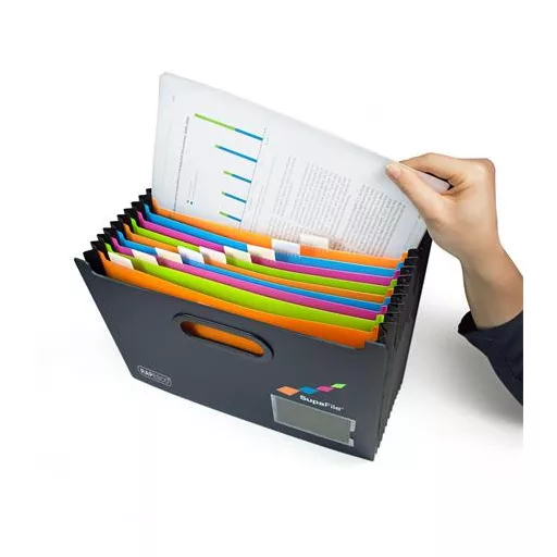 Harmonika irattartó, A4, PP, 13 rekeszes, antibakteriális, RAPESCO "SupaFile", fekete