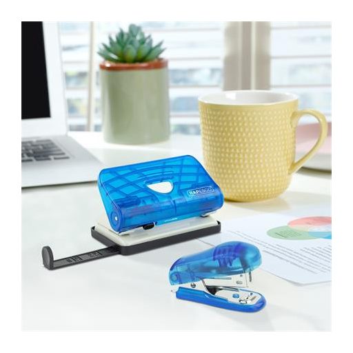 Tűzőgép és lyukasztó szett 24/6, 26/6, 12 lap, RAPESCO, átlátszó kék, tűzőkapoccsal