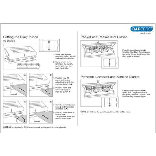 Lyukasztó, hatlyukú, 8 lap, fém, RAPESCO "Diary 66", matt fekete
