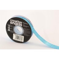   Szatén szalag, 15 mm x 22 m, világos kék fehér pötyökkel