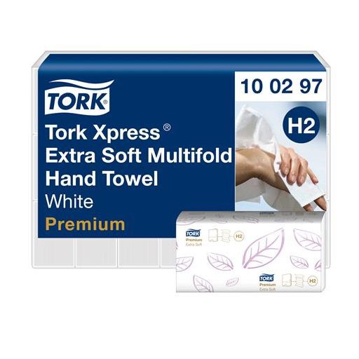 Kéztörlő, Interfold hajtás, H2 rendszer, 2 rétegű, 100 lap, Premium, TORK "Xpress Extra Soft Multifold", fehér
