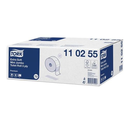 Toalettpapír, T2 rendszer, 3 rétegű, 18,7 cm ámérő, Premium, TORK "Mini Jumbo", fehér