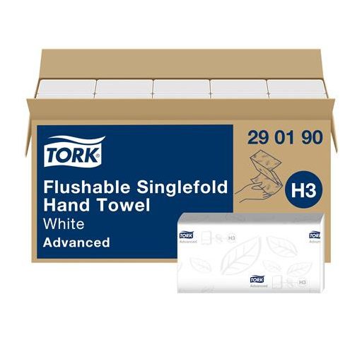 Kéztörlő, Z hajtás, toalettbe dobható, 2 rétegű, 250 lap, H3 rendszer, Advanced, TORK "Singlefold", fehér