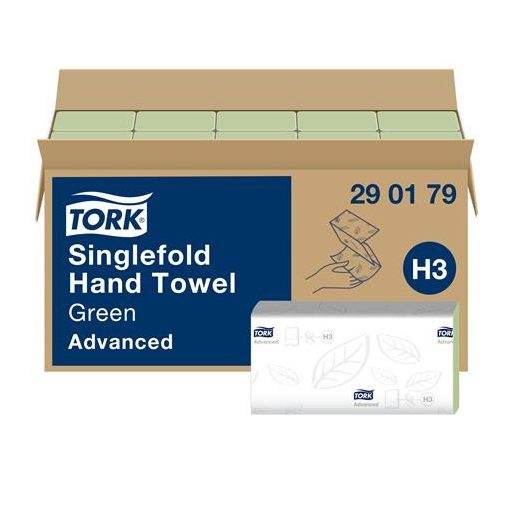 Kéztörlő, Z hajtás, 2 rétegű, 250 lap, H3 rendszer, Advanced, TORK "Singlefold", zöld