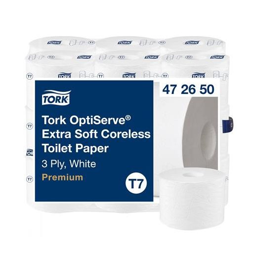 Toalettpapír, belsőmag nélküli, T7 rendszer, 3 rétegű, 13,1 cm átmérő, Premium, TORK "OptiServe", fehér