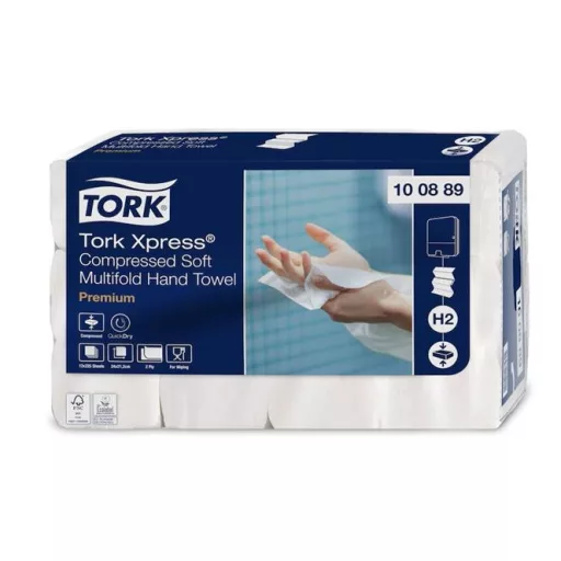 Kéztörlő, tömörített, Interfold, 2 réteg, 225 lap, H2 rendszer, Premium, TORK "Xpress Soft Multifold", fehér