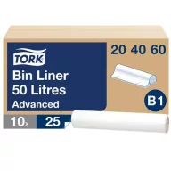   Hulladékgyűjtő zsák, 50 l, B1 rendszer, 10 x 25 db, TORK, átlátszó