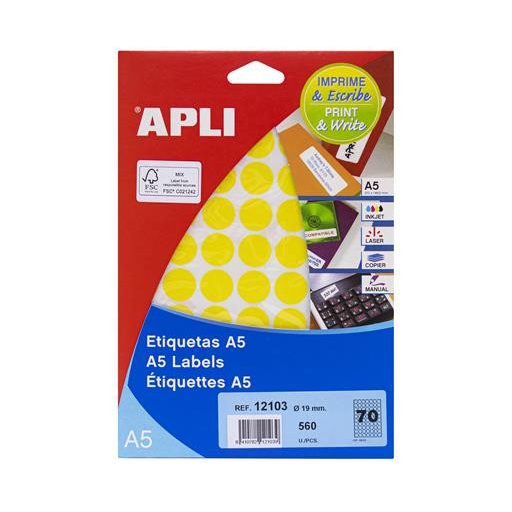 Etikett, 19 mm kör, színes, A5 hordozón, APLI, sárga, 560 etikett/csomag