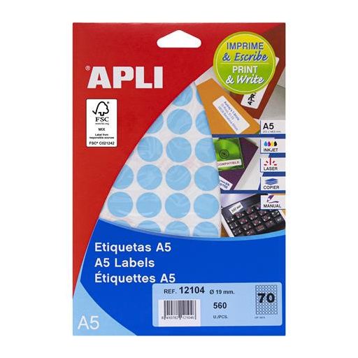 Etikett, 19 mm kör, színes, A5 hordozón, APLI, kék, 560 etikett/csomag