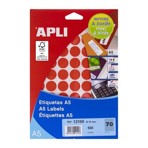Etikett, 19 mm kör, színes, A5 hordozón, APLI, piros, 560 etikett/csomag