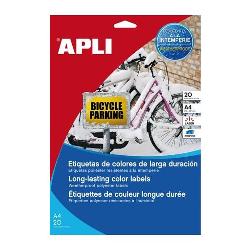 Etikett, 210x297 mm, poliészter, időjárásálló, APLI, sárga, 20 etikett/csomag